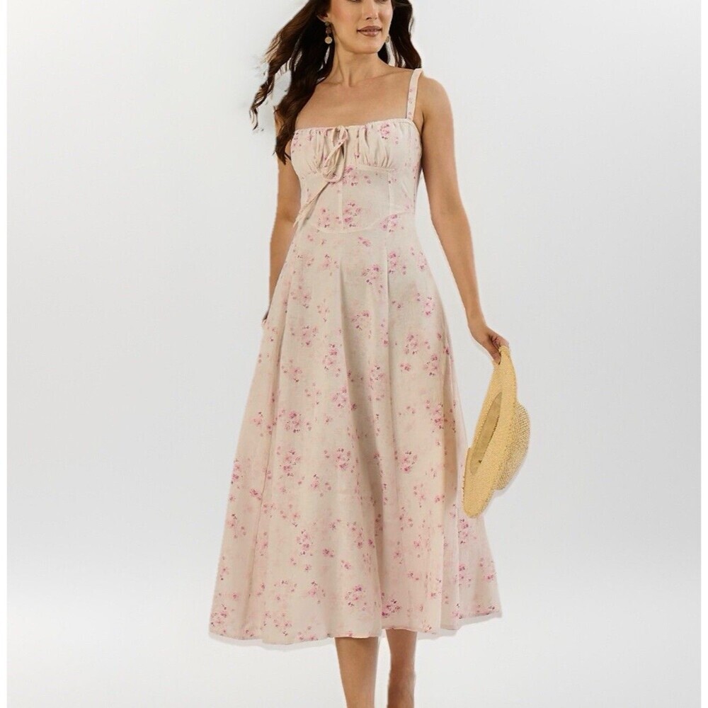 Sim & Sam Floral Linen Blend Maxi Dress Womens M Pink Cottagecore Prairie